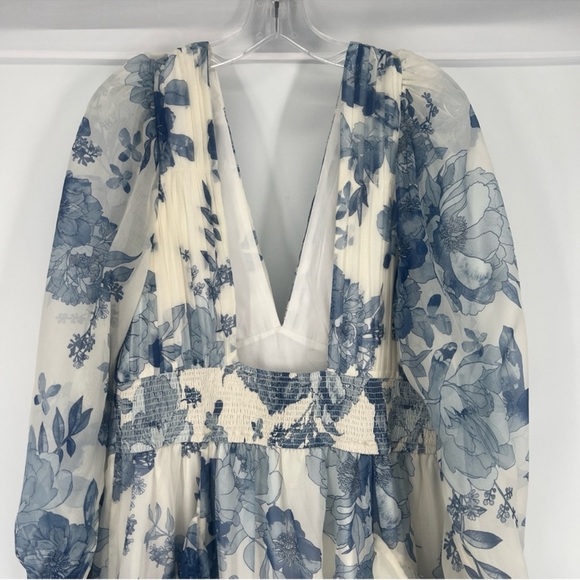 BHLDN Blue White Floral V Neck Long Sleeve Chiffon Formal Maxi Dress Gown Small - Picture 7 of 11